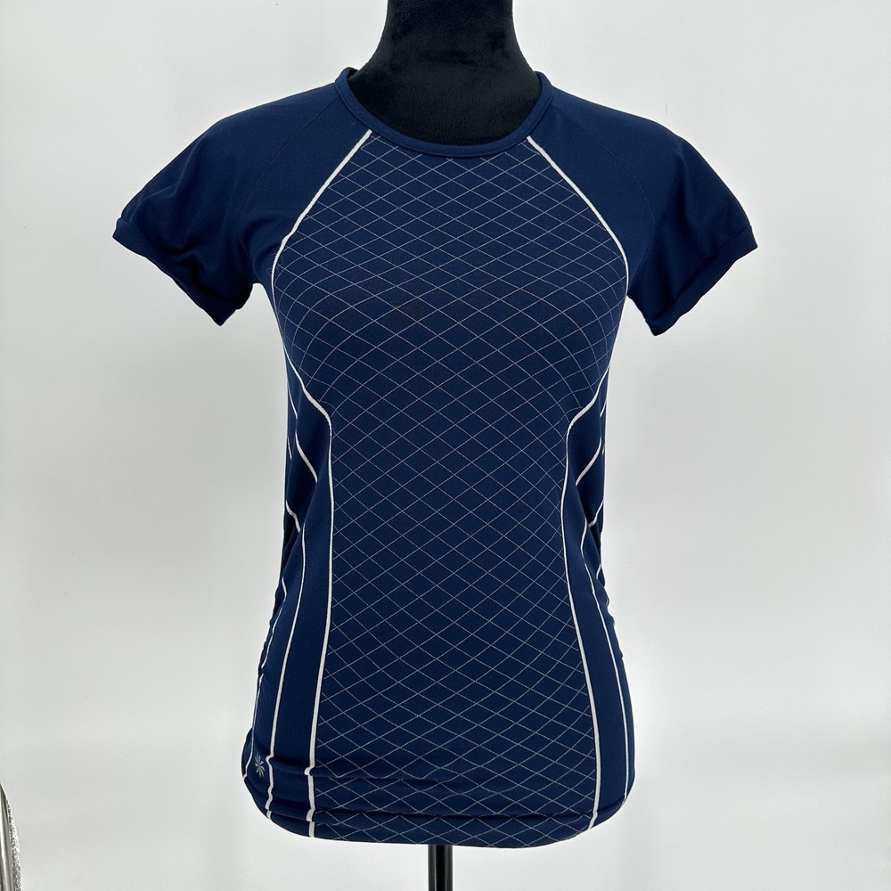 Athleta Finish Fast Line Tee Top Navy Blue Fitted Short Sleeve Athletic Small